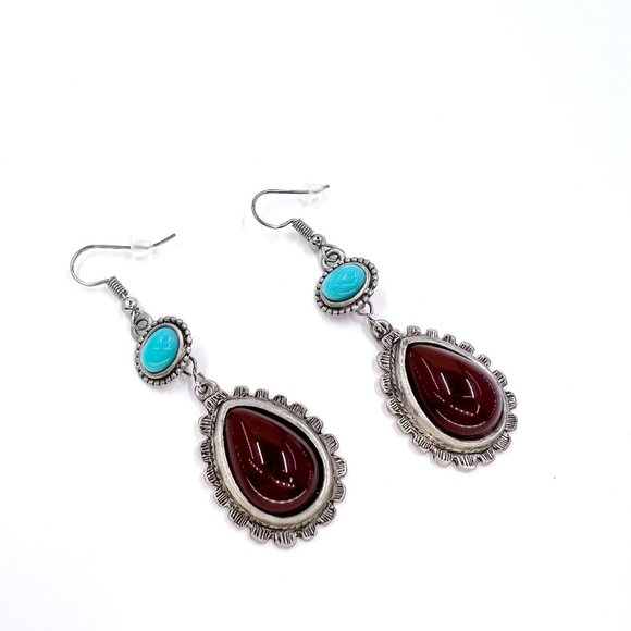 Hand Crafted Jewelry - New / Hand Crafted - Southwestern Vibes Turquoise & Dark Red Dangle Earrings